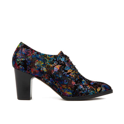 Roulette - Black Flower - Women's leather heeled oxford lace-up
