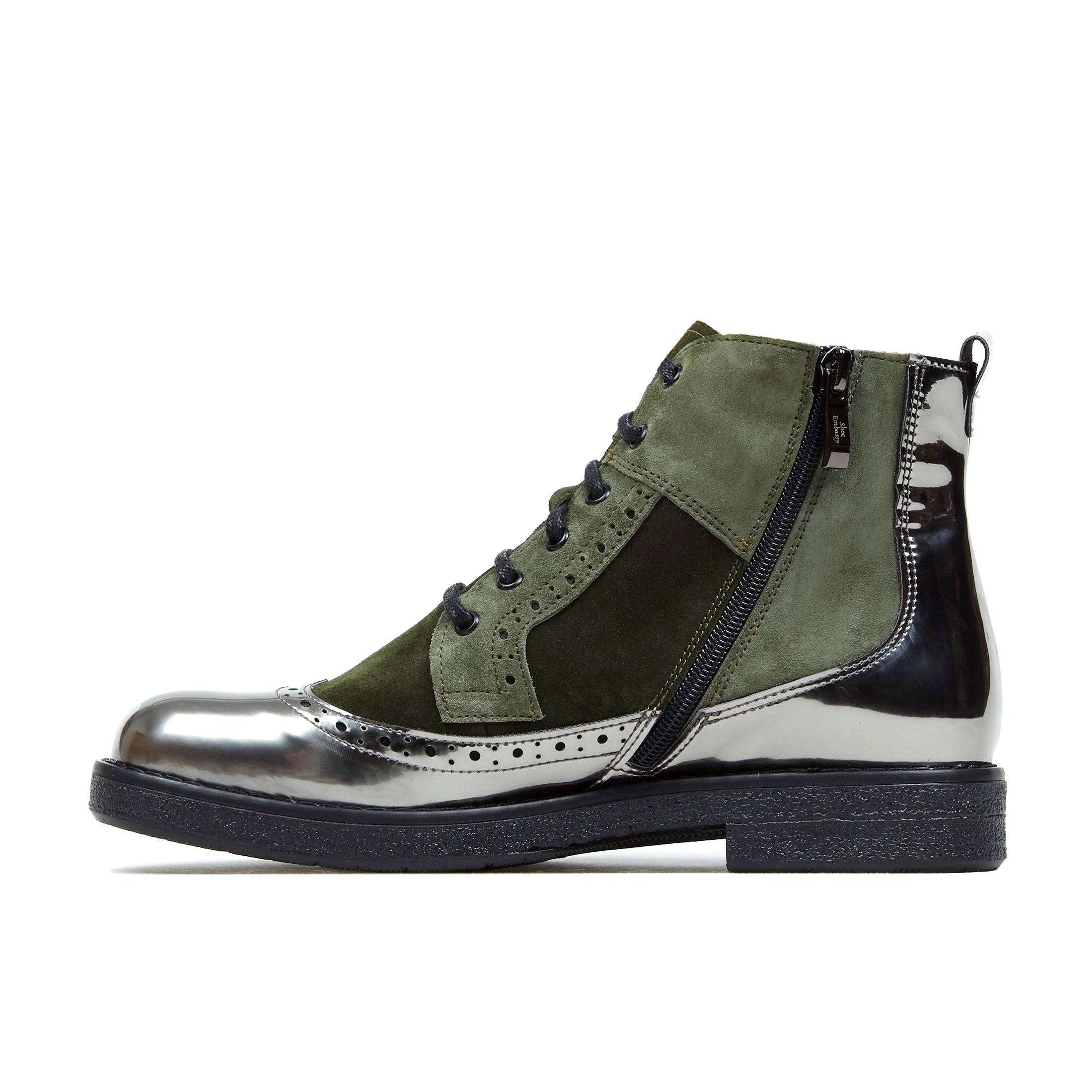 Hatter - Olive Chrome - Women's zip up and lace up ankle boot with brogue styling