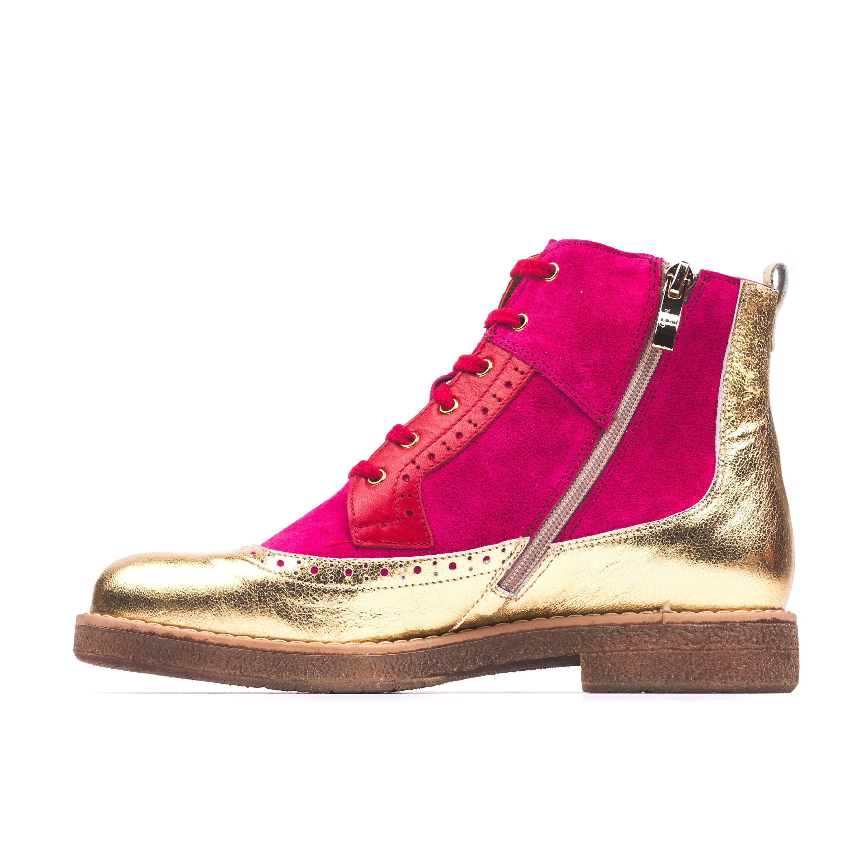 Hatter - Ultra Glam - Women's higher ankle boot in red, pink and golden leather