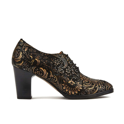 Roulette - Gold feathers - Women's leather heeled oxford lace-up
