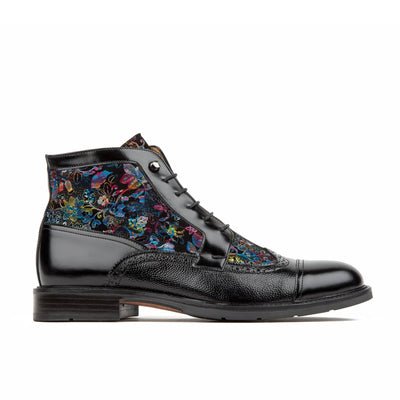 Charles - Black Flower - Men's lace up and zip up dressy leather boot
