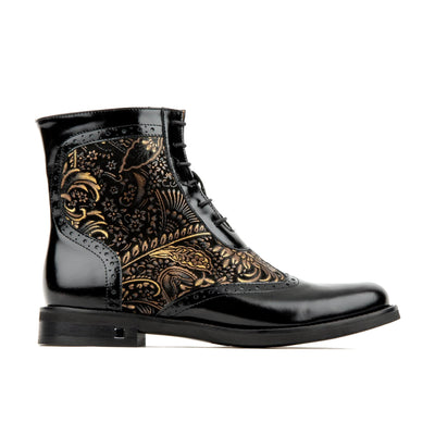 Mantis - Black Gold - Women's above-the-ankle lace-up boot with brogue & paisley detailing