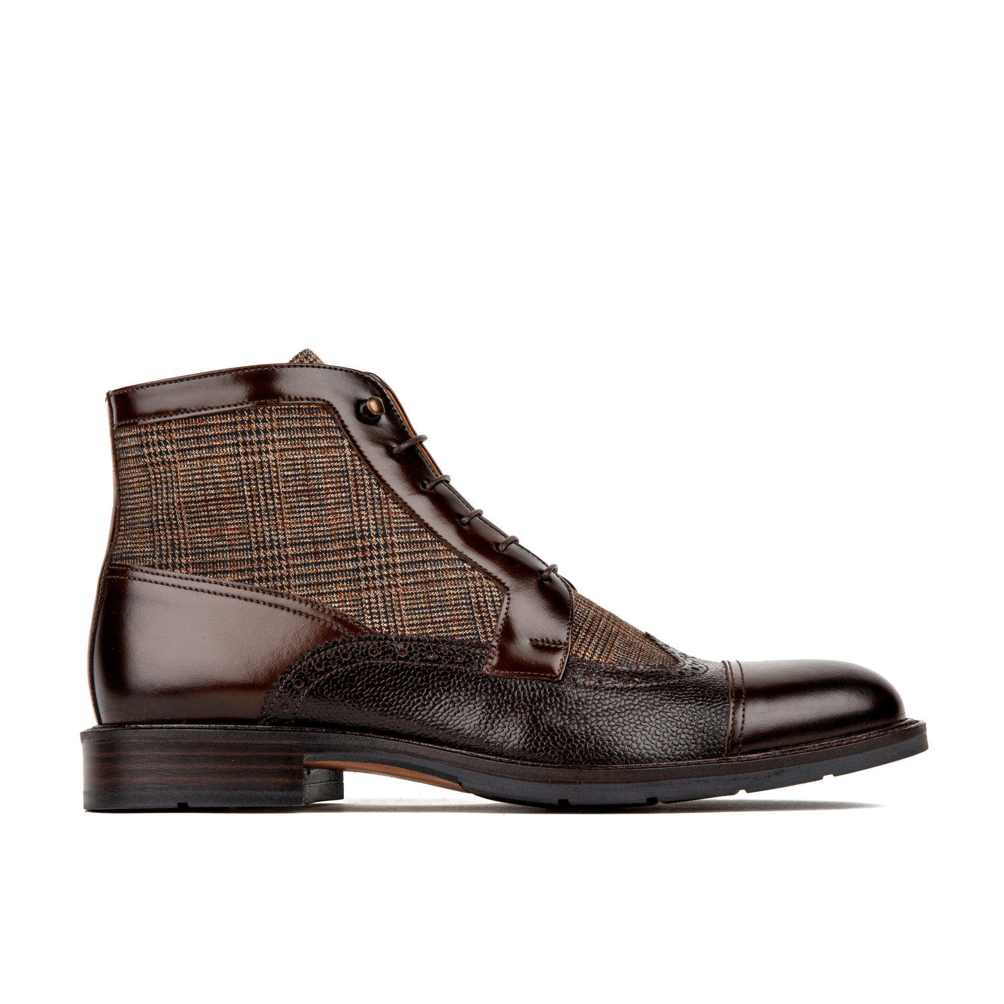 Charles - Brown Check - Men's toe cap dressy leather boot in leather and textile