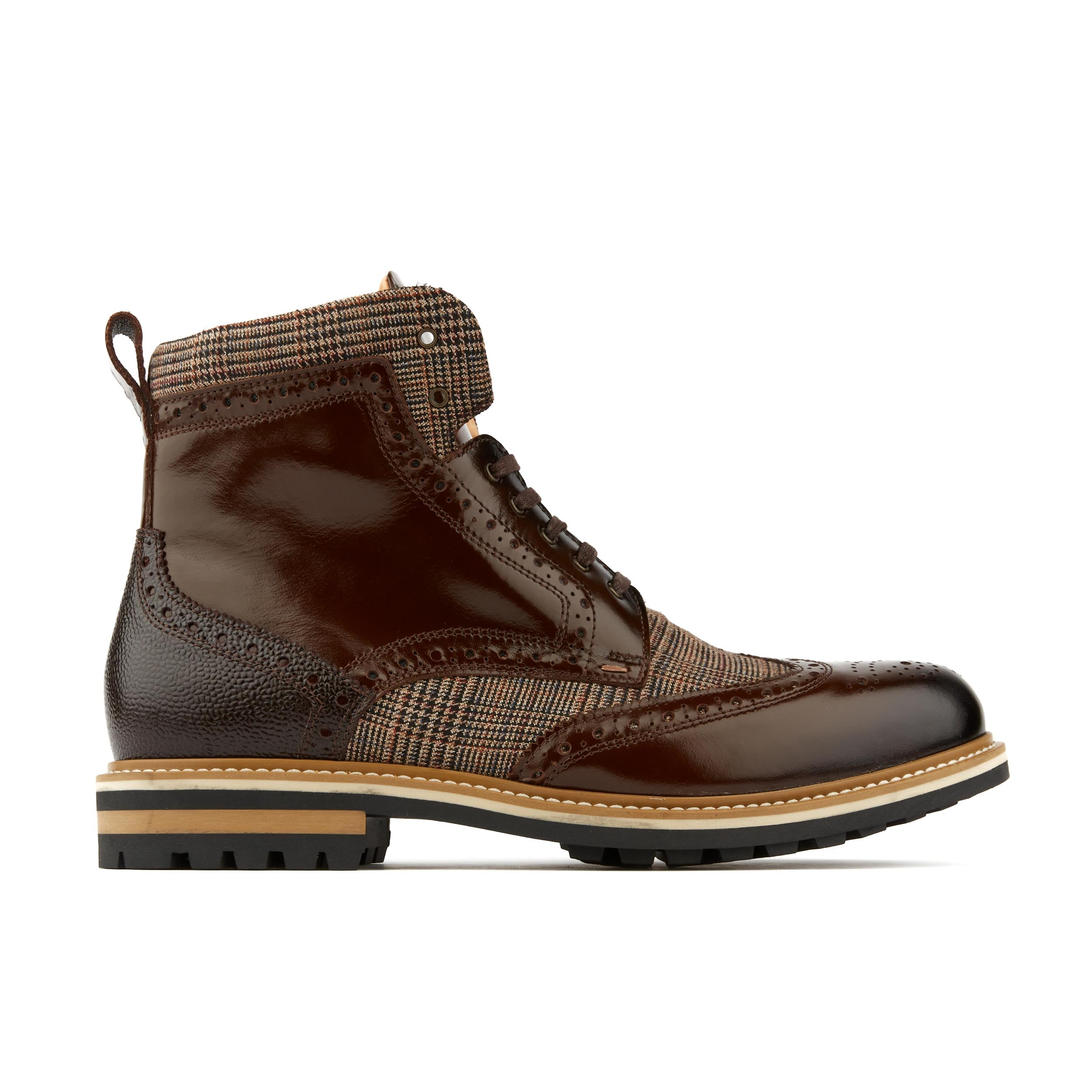 Wanderer - Dark Brown Check - Men's combat style size sipper boot in leather and textile