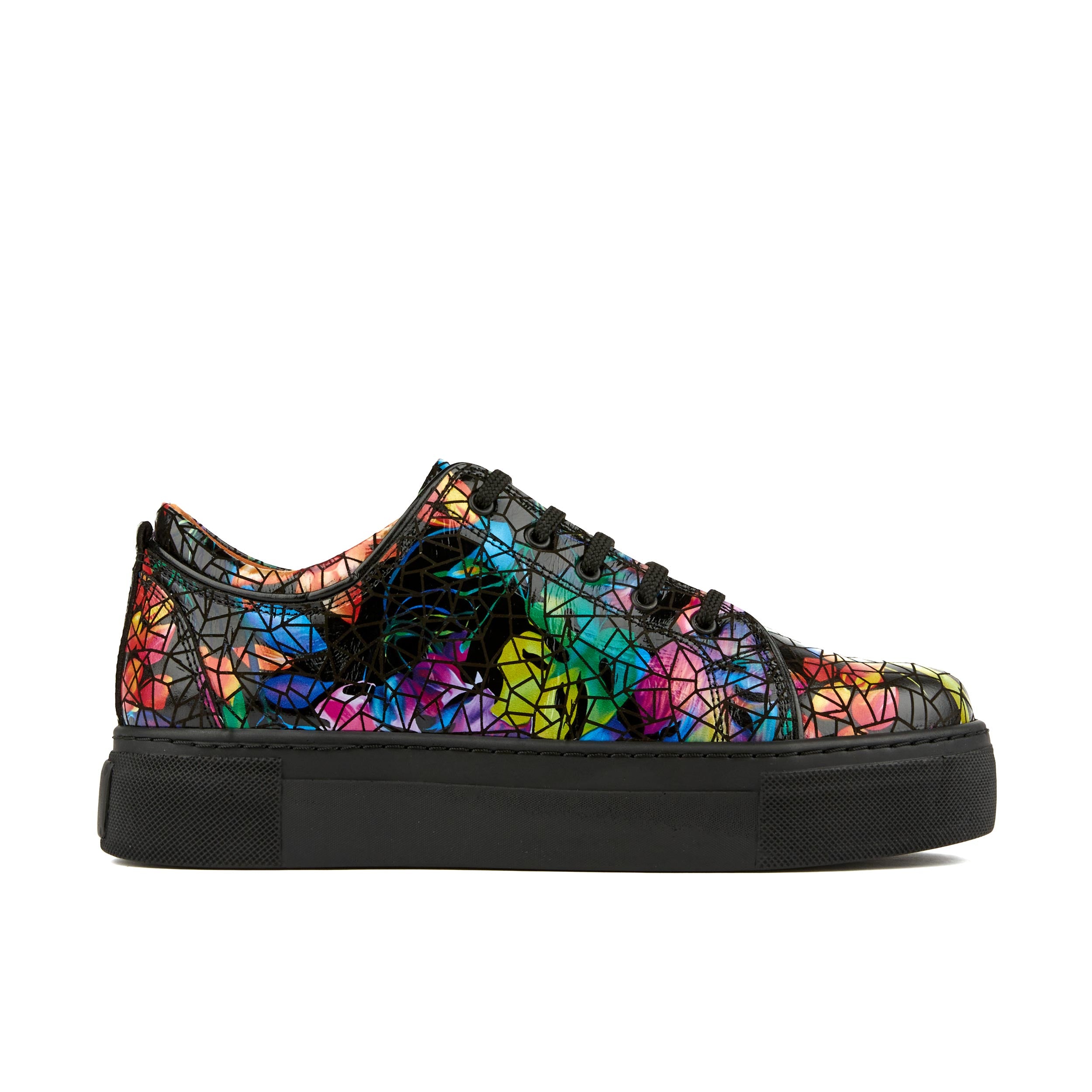 CAMILA - DARK TROPICAL - Women's black platform leather trainer in dark print