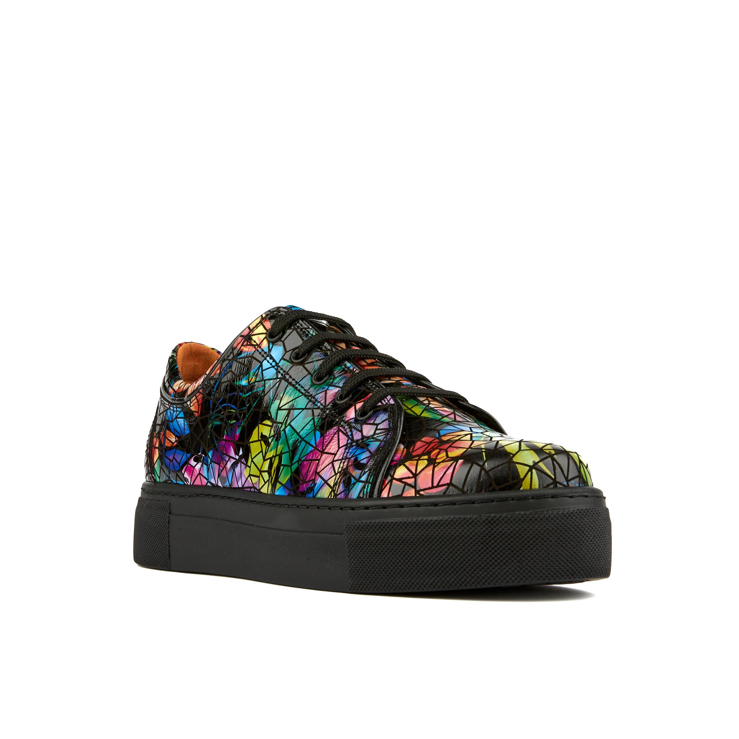 CAMILA - DARK TROPICAL - Women's black platform leather trainer in dark print