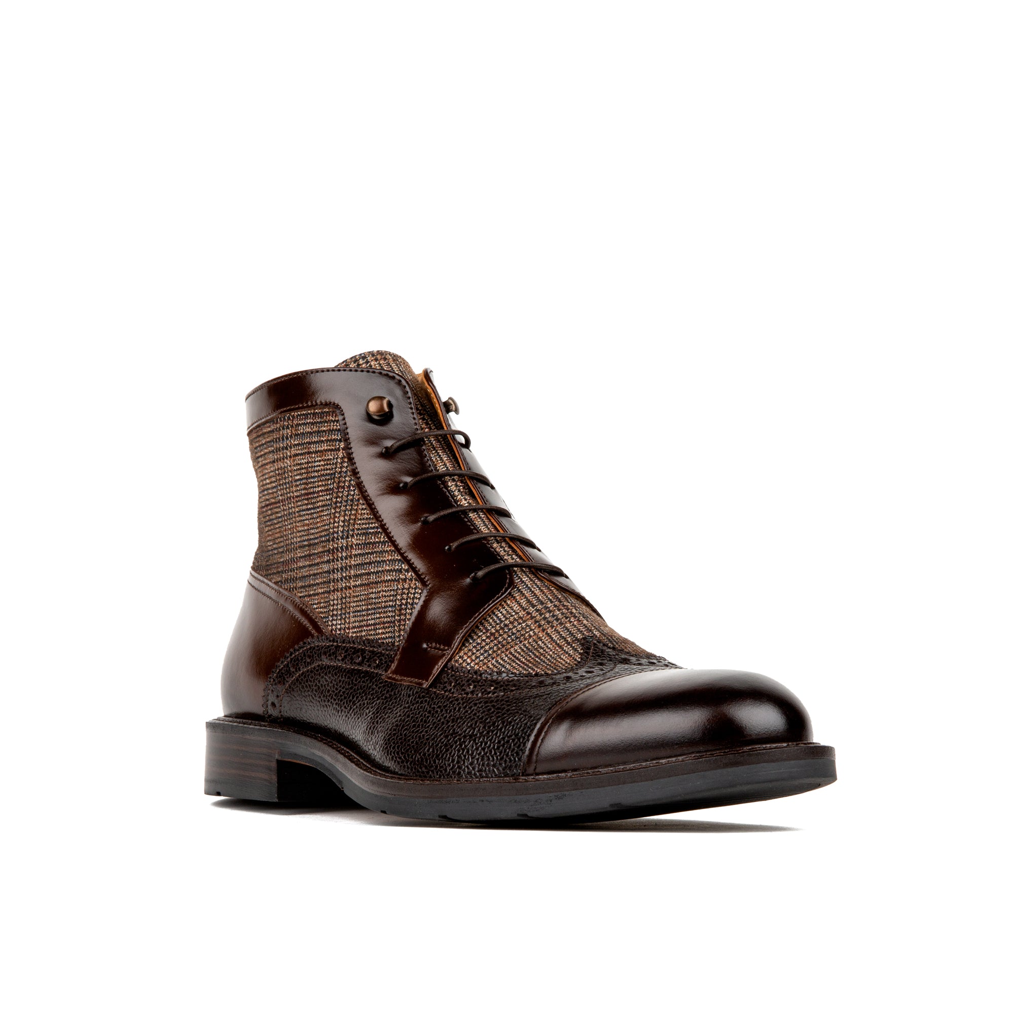 Charles - Brown Check - Men's toe cap dressy leather boot in leather and textile