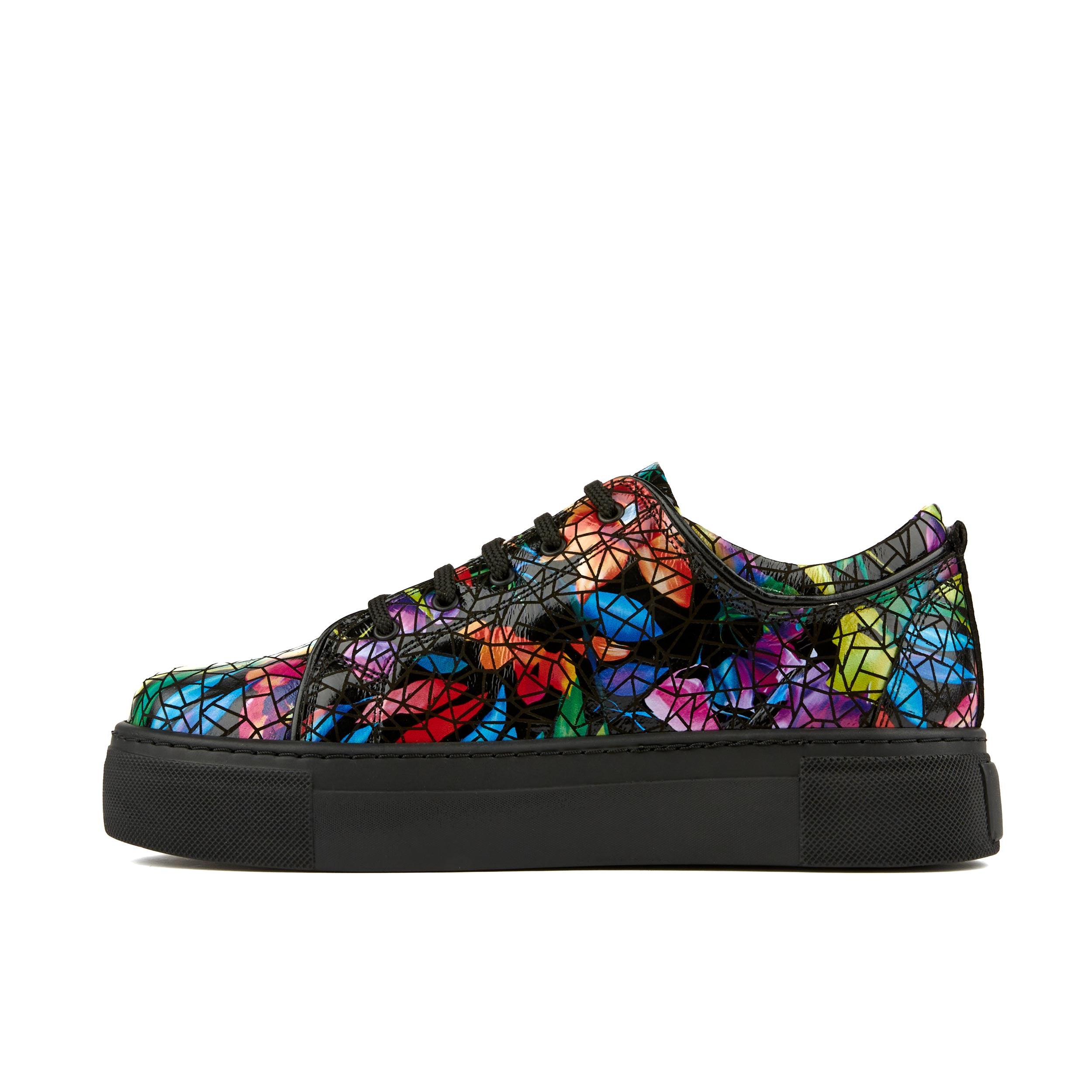 Camila - Dark Tropical - Women's black platform leather trainer in dark print