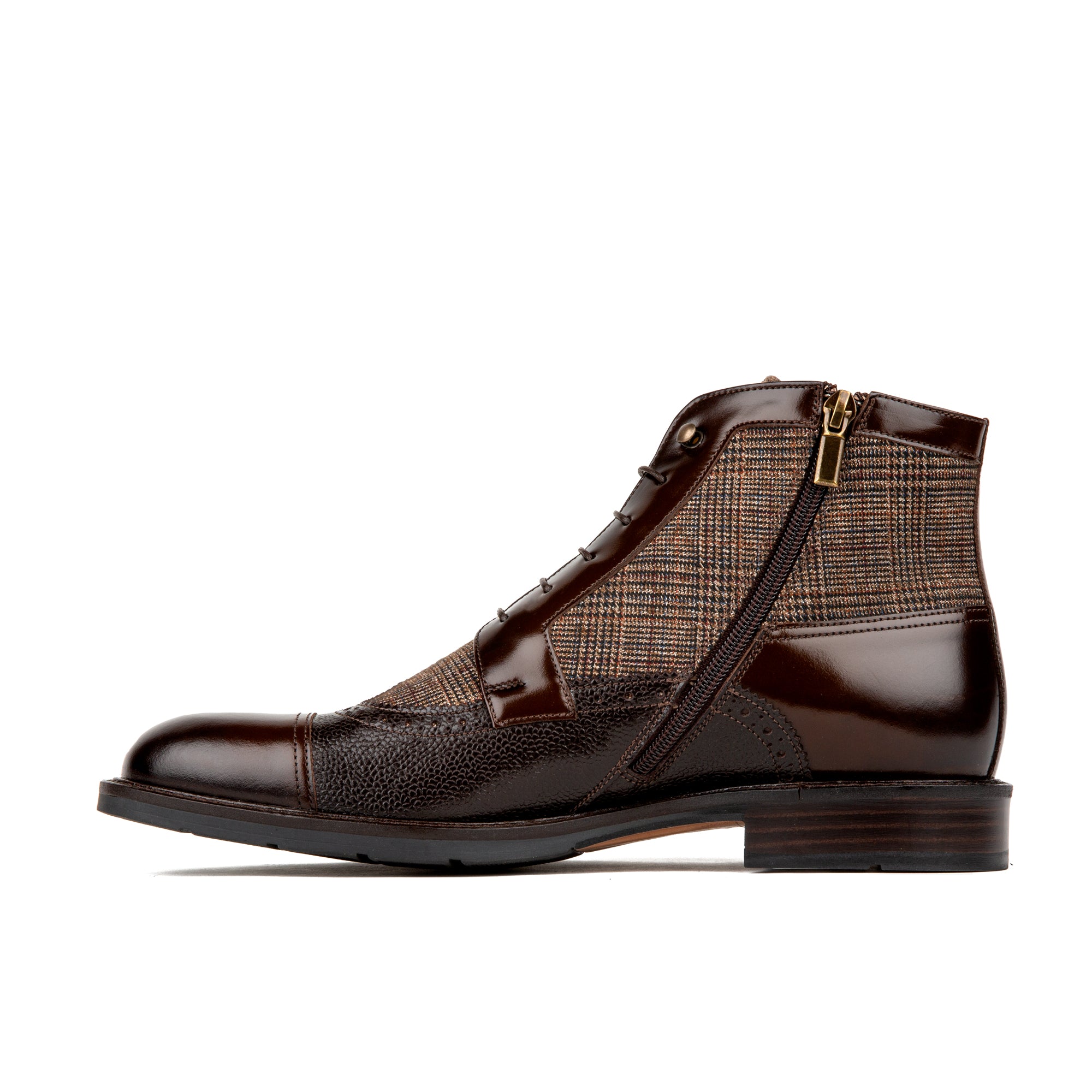 Charles - Brown Check - Men's toe cap dressy leather boot in leather and textile