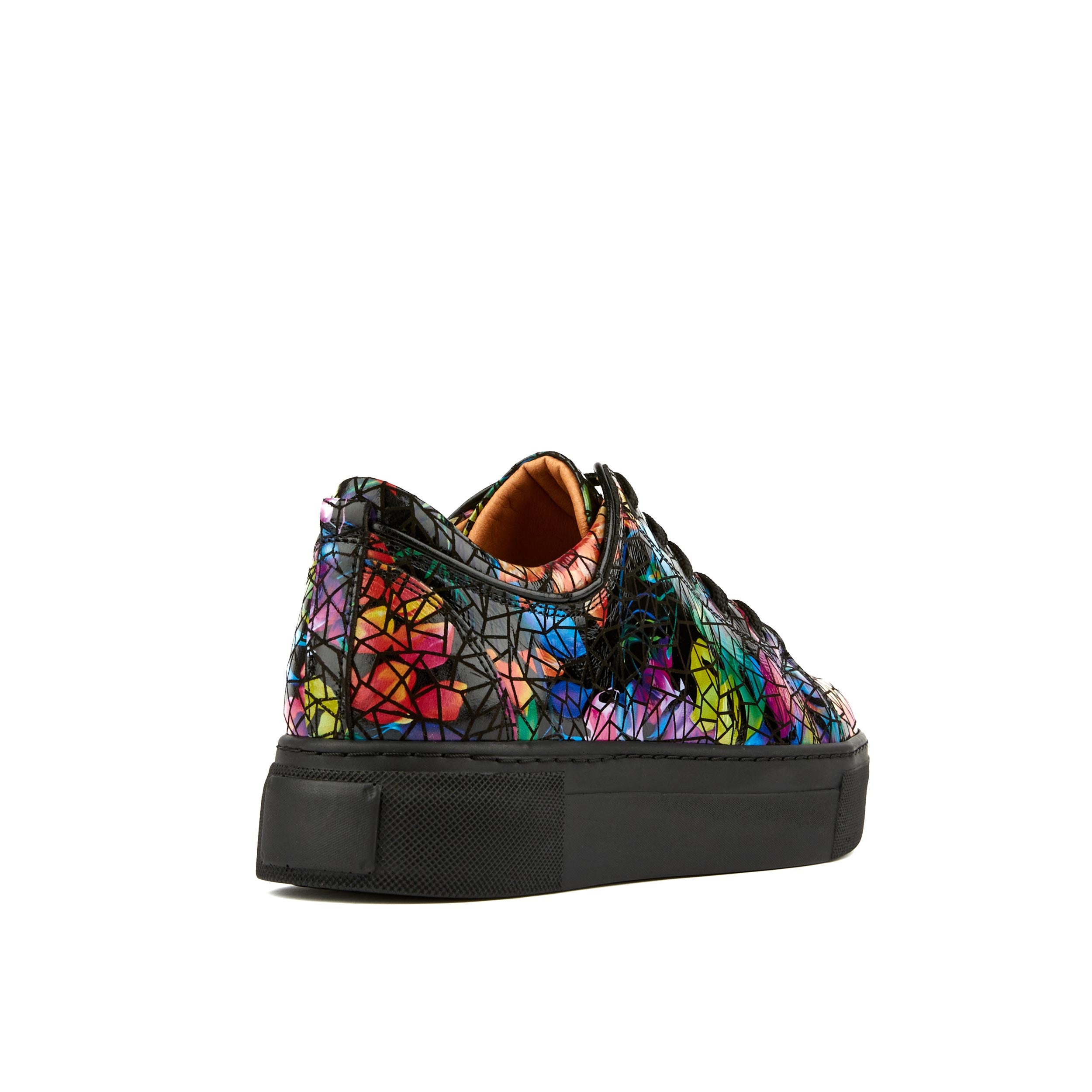 Camila - Dark Tropical - Women's black platform leather trainer in dark print