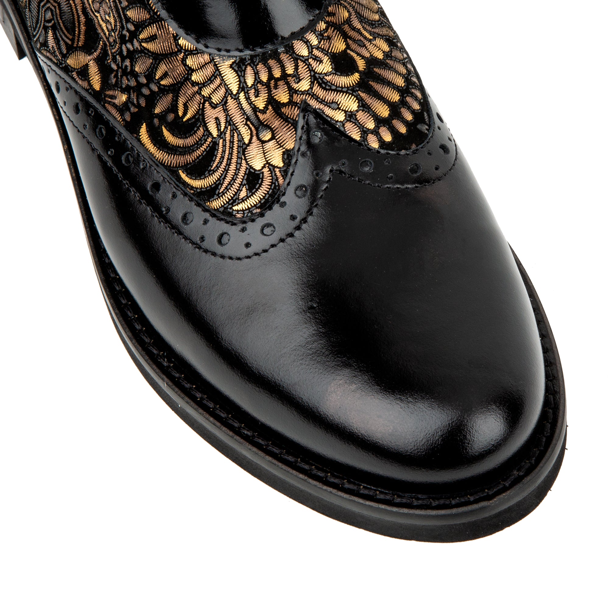 Mantis - Black Gold - Women's higher ankle oxford boot with wingtip and broguing