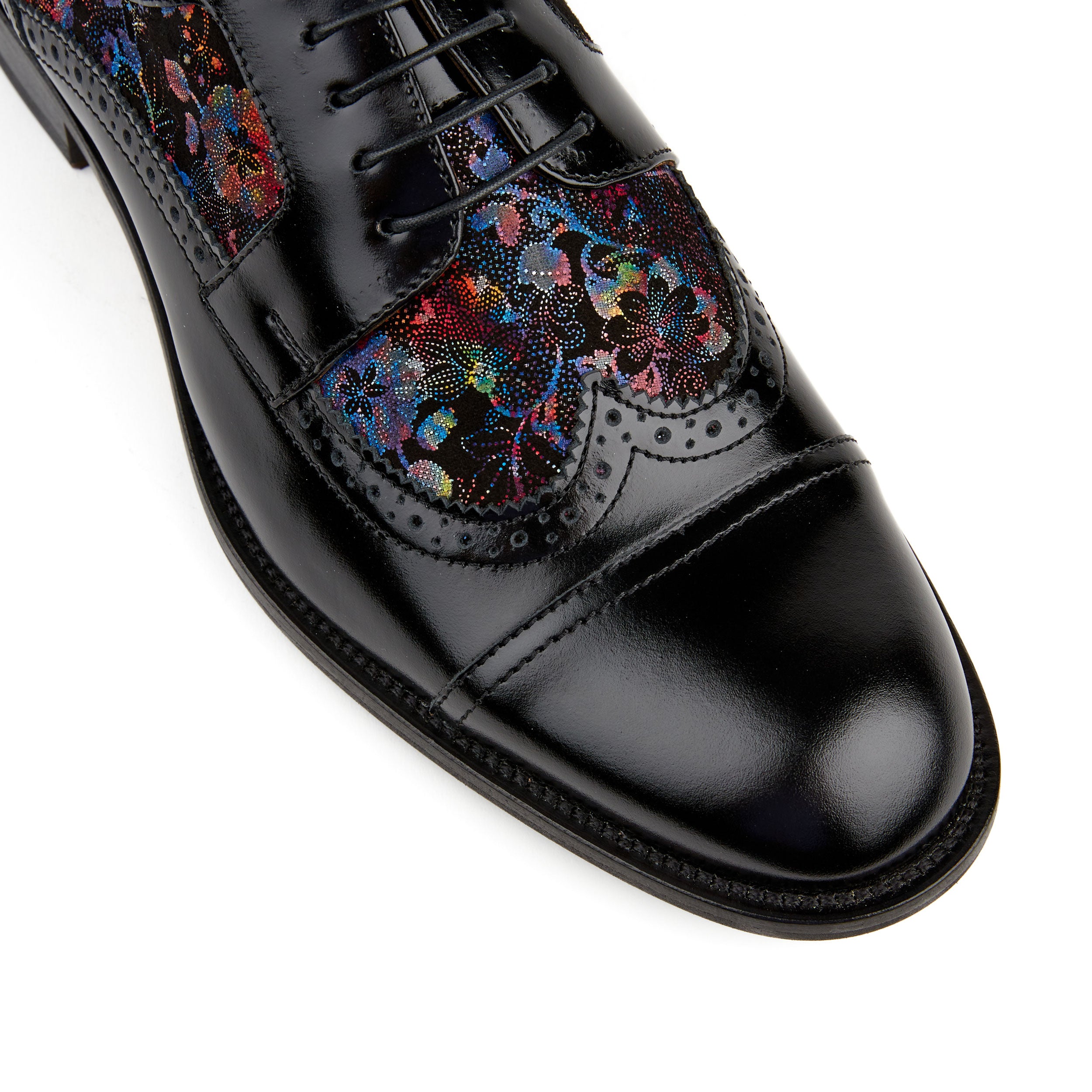 Orlando - Black Flower - Men's toe cap dressy black shoe with flower print leather