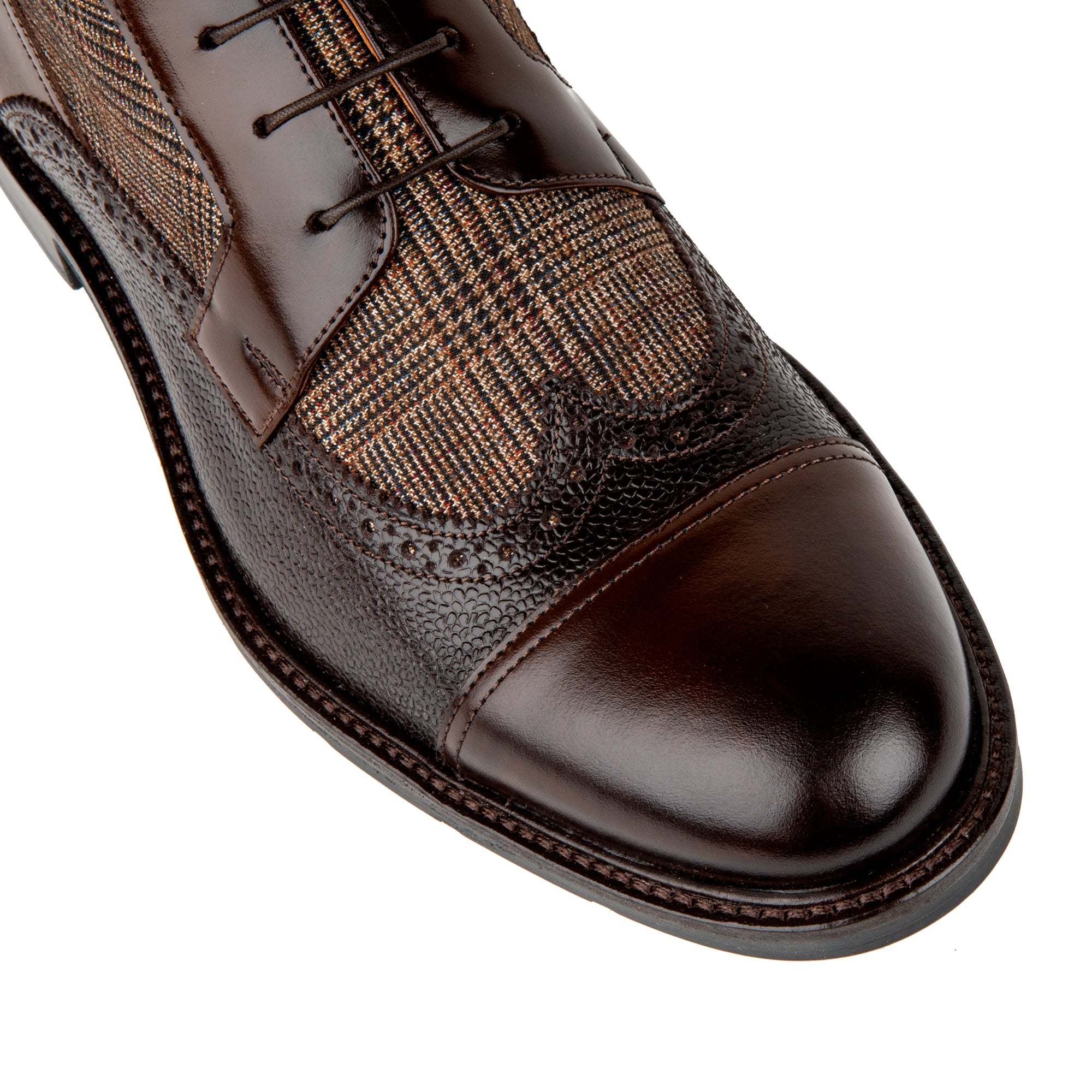 Charles - Brown Check - Men's toe cap dressy leather boot in leather and textile