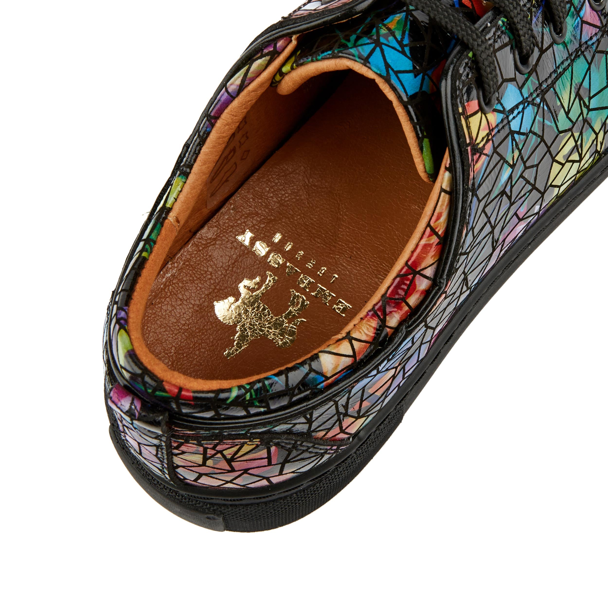 Camila - Dark Tropical - Women's black platform leather trainer in dark print