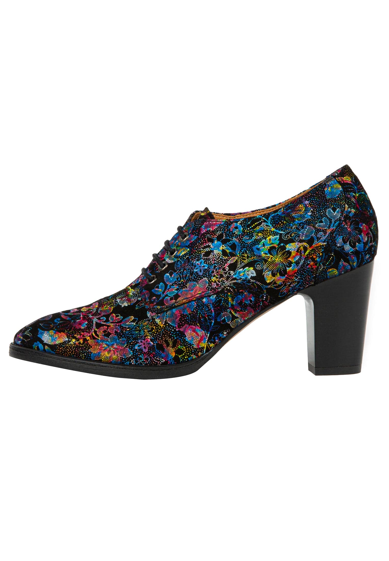 Roulette - Black Flower - Women's leather heeled oxford lace-up