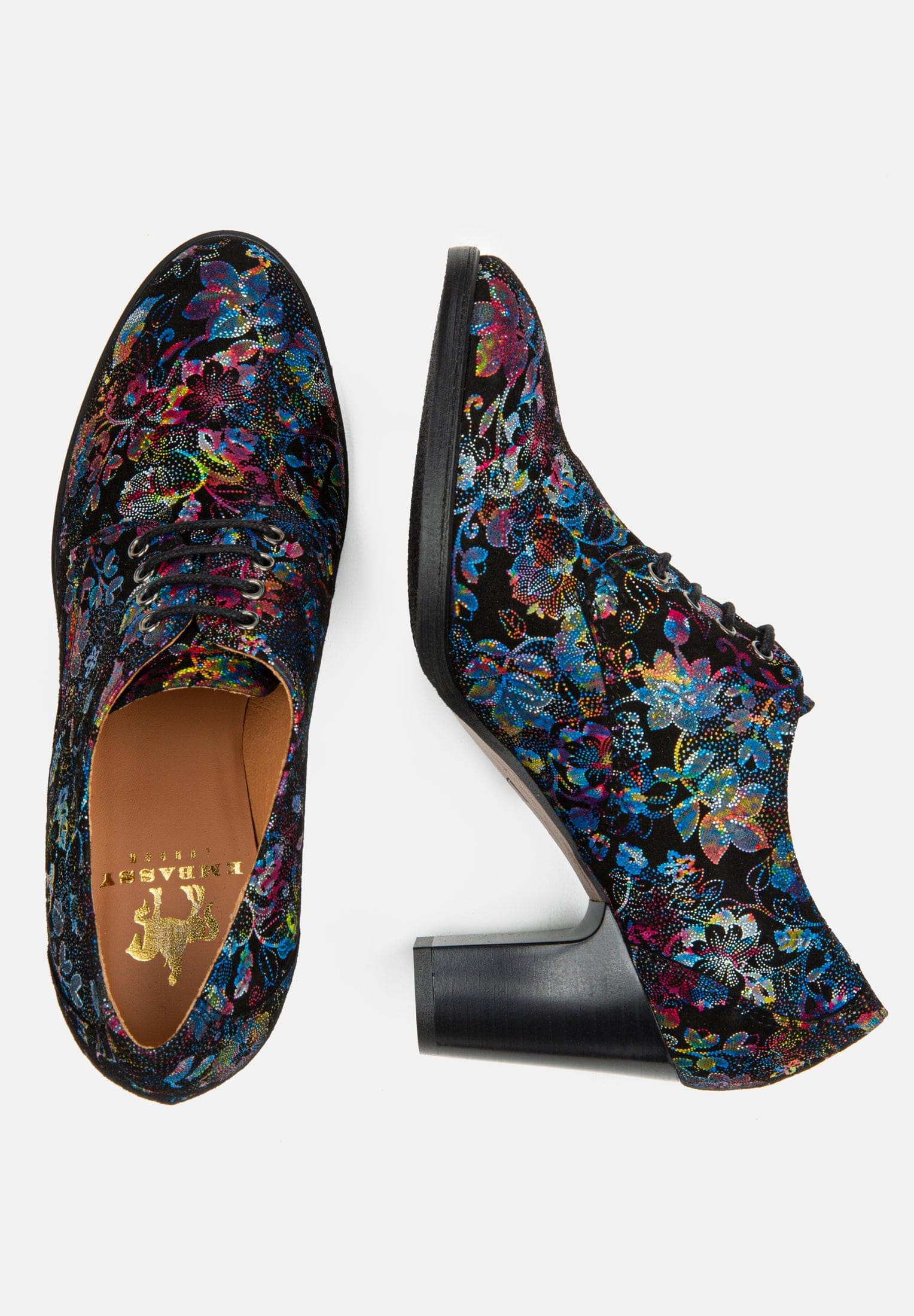Roulette - Black Flower - Women's leather heeled oxford lace-up